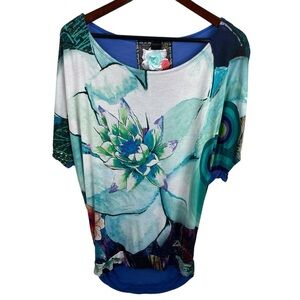 Desigual | White Blue Floral Mixed Media Short Sleeve Top